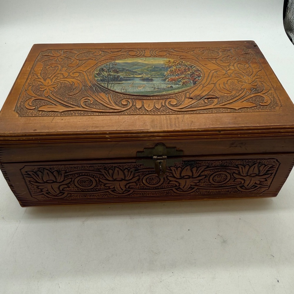 Vintage Wood‎ Jewelry Box Etched Floral Rose Mirror Lid Keepsake Trinket Chest